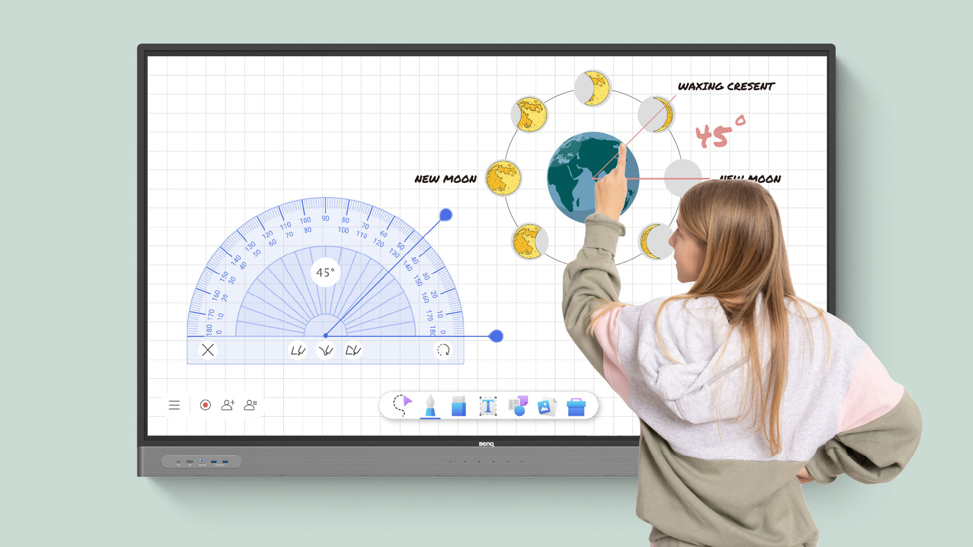 Student writing on interactive display using whiteboard and classroom tools