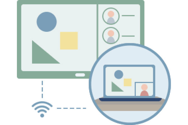 Remote cloud whiteboard session open on BenQ Board interactive display and laptop at home