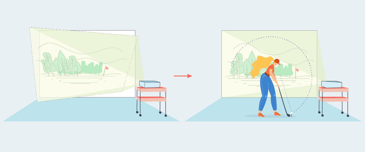 Position the projector on the AV cart off to the side and correct the image using 2D keystone correction and Corner Fit