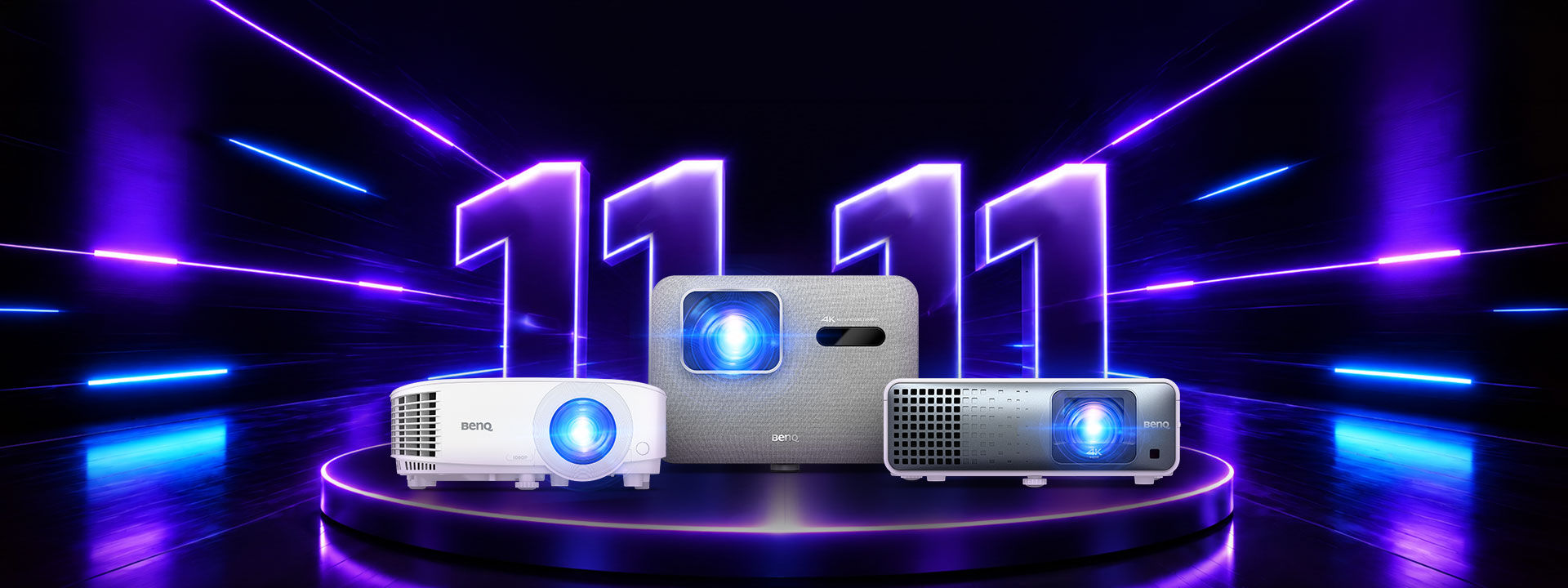 BenQ home projectors on a purple-lit stage for Black Friday deals.