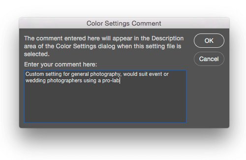 Clicking Save opens an additional window where you can add a comment to your color settings.