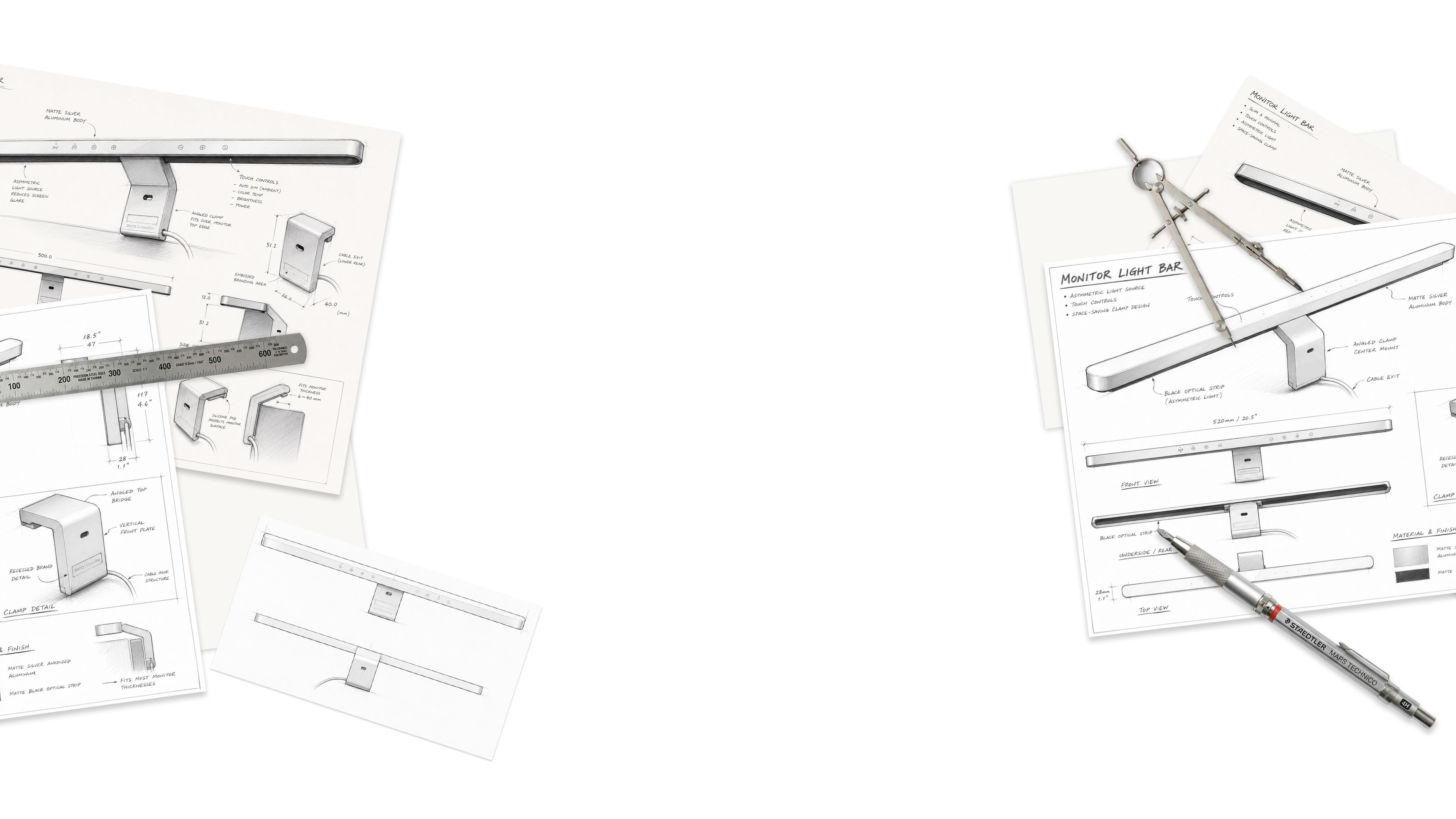 Design sketches highlighting the optical engineering and industrial design process behind the BenQ ScreenBar Series.