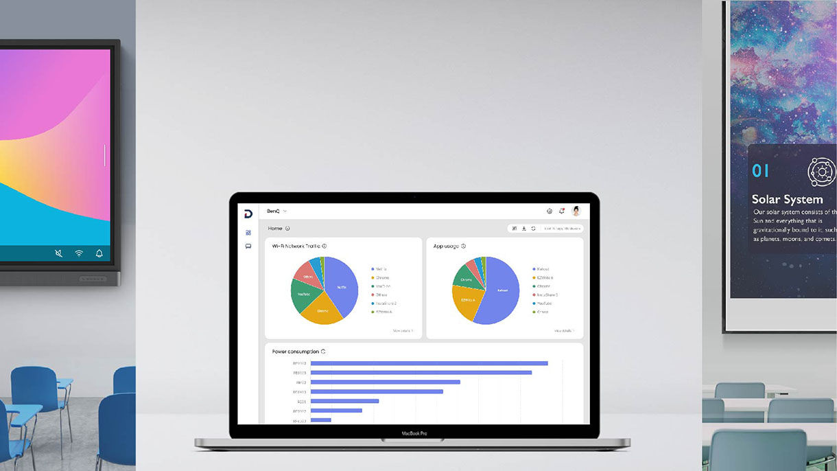 BenQ DMS Device Management Solution dashboard being used on a laptop