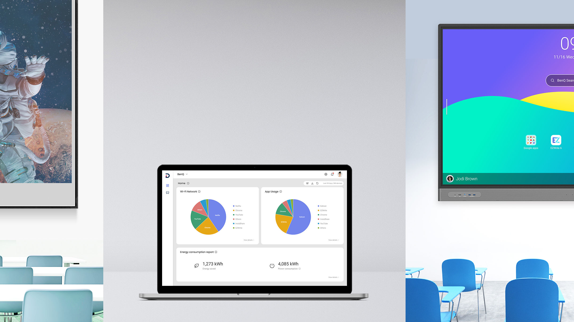 BenQ DMS Device Management Solution dashboard being used on a laptop