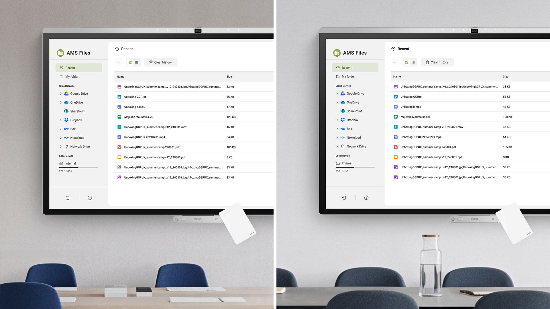 A BenQ smart display showing the AMS Files interface with cloud storage integration, allowing users to customize and securely access personal workspaces.