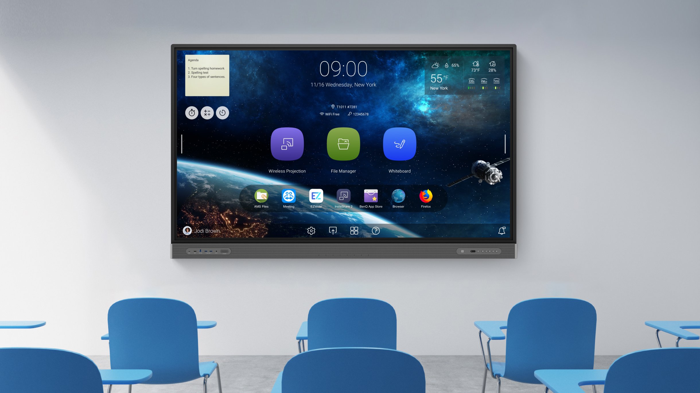 Interactive display with BenQ Uni UI user interface in empty classroom