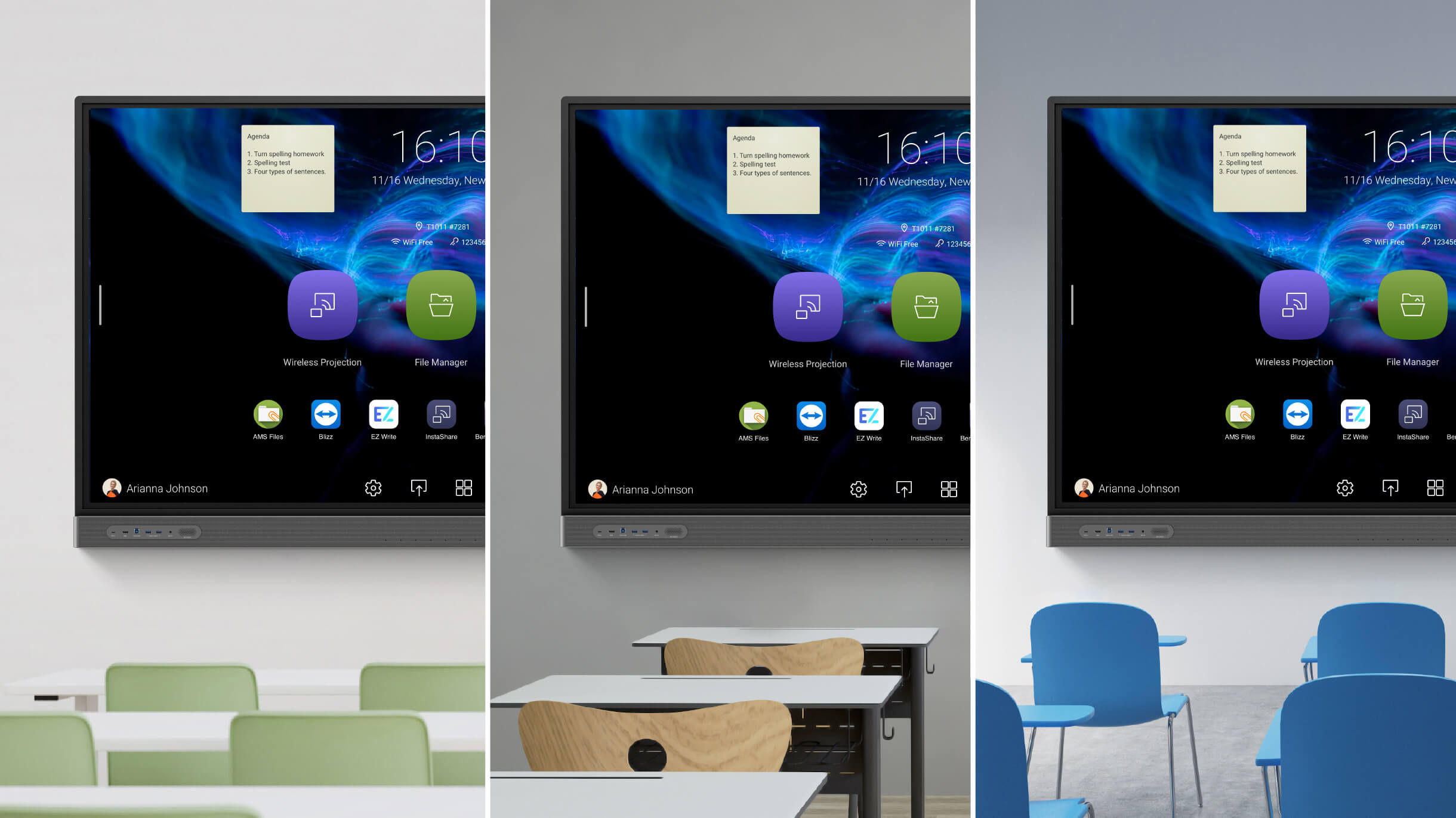 Der gleiche Desktop-Inhalt auf 3 interaktiven Displays in verschiedenen Klassenzimmern