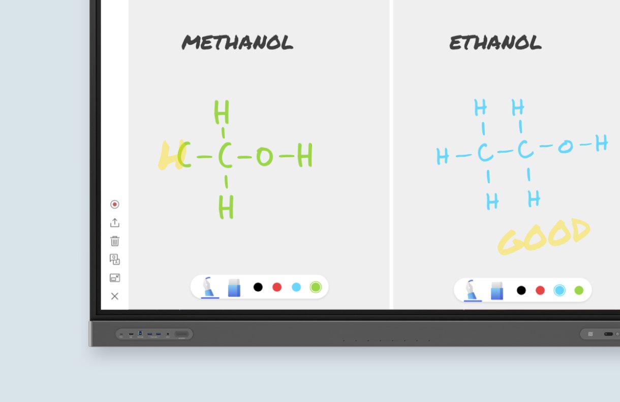 Team- Aktivität teilt das Whiteboard in zwei Teile, damit die Schüler auf beiden Seiten chemische Strukturen zeichnen können