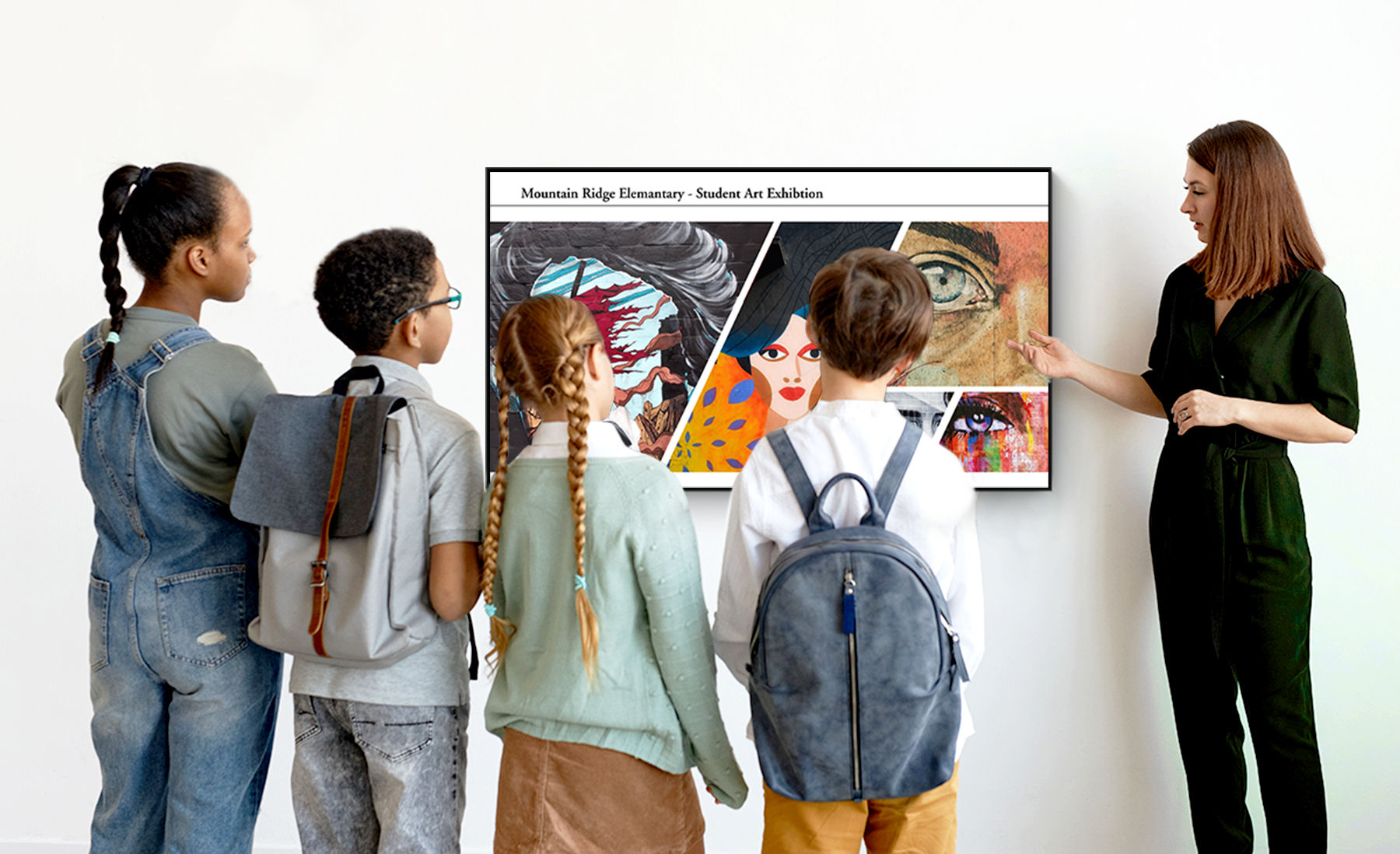 Lehrer zeigt Schülern eine Kunstausstellung auf einem BenQ-Display mit Digital Signage-Software