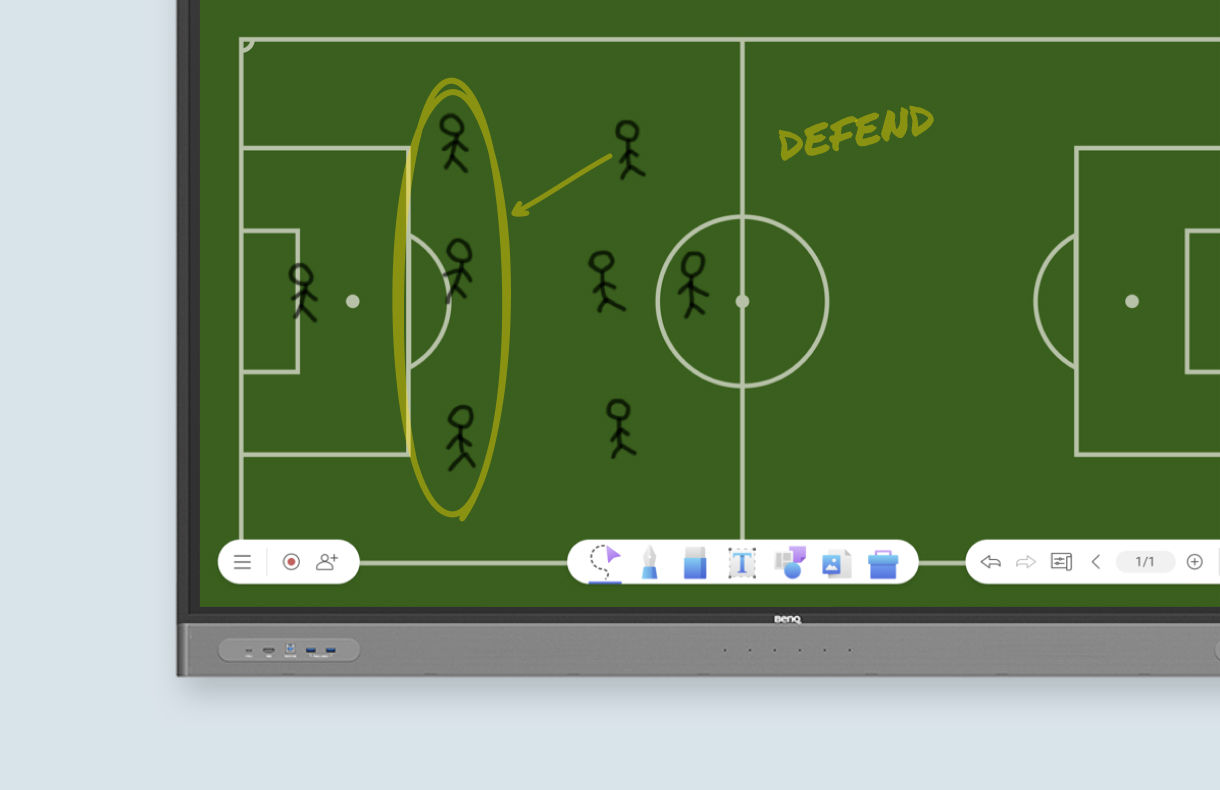 Template of soccer field being used to draw game strategy on BenQ Board interactive display