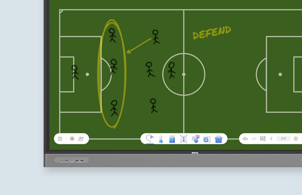 Template of soccer field being used to draw game strategy on BenQ Board interactive display