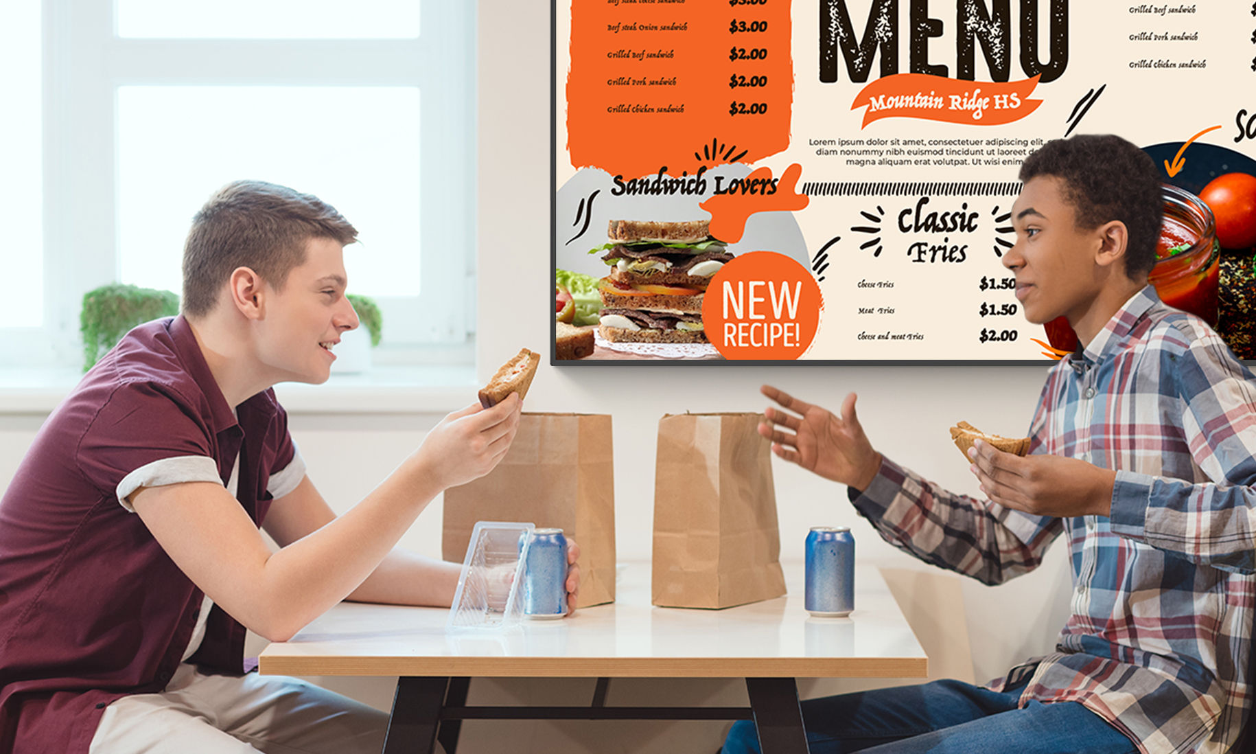 Two students having lunch together in cafeteria in front of digital signage display showing menu