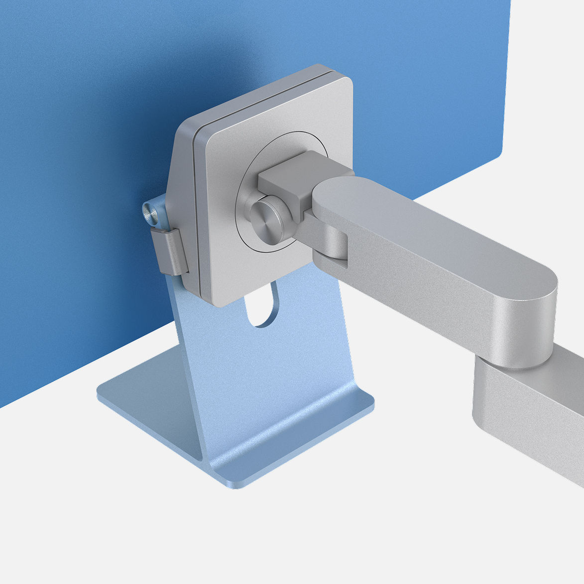 Close-up of Stand Clip mounted on iMac stand, showing aluminum finish matching the display's color.