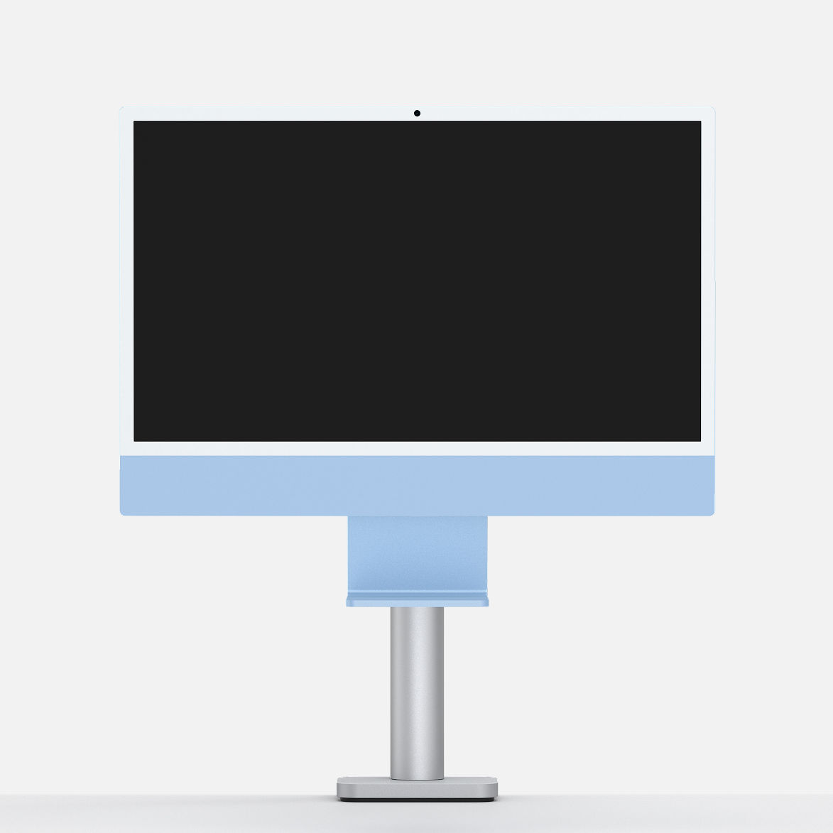 Front view of iMac with Stand Clip attached to the original stand, keeping the base horizontal.