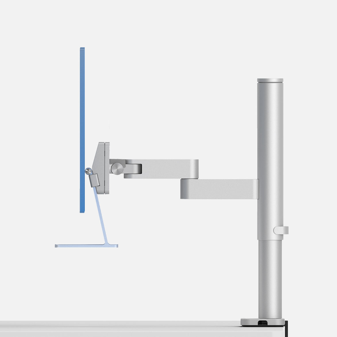 Side view of iMac mounted on Studio Arm via Stand Clip, with the display raised.