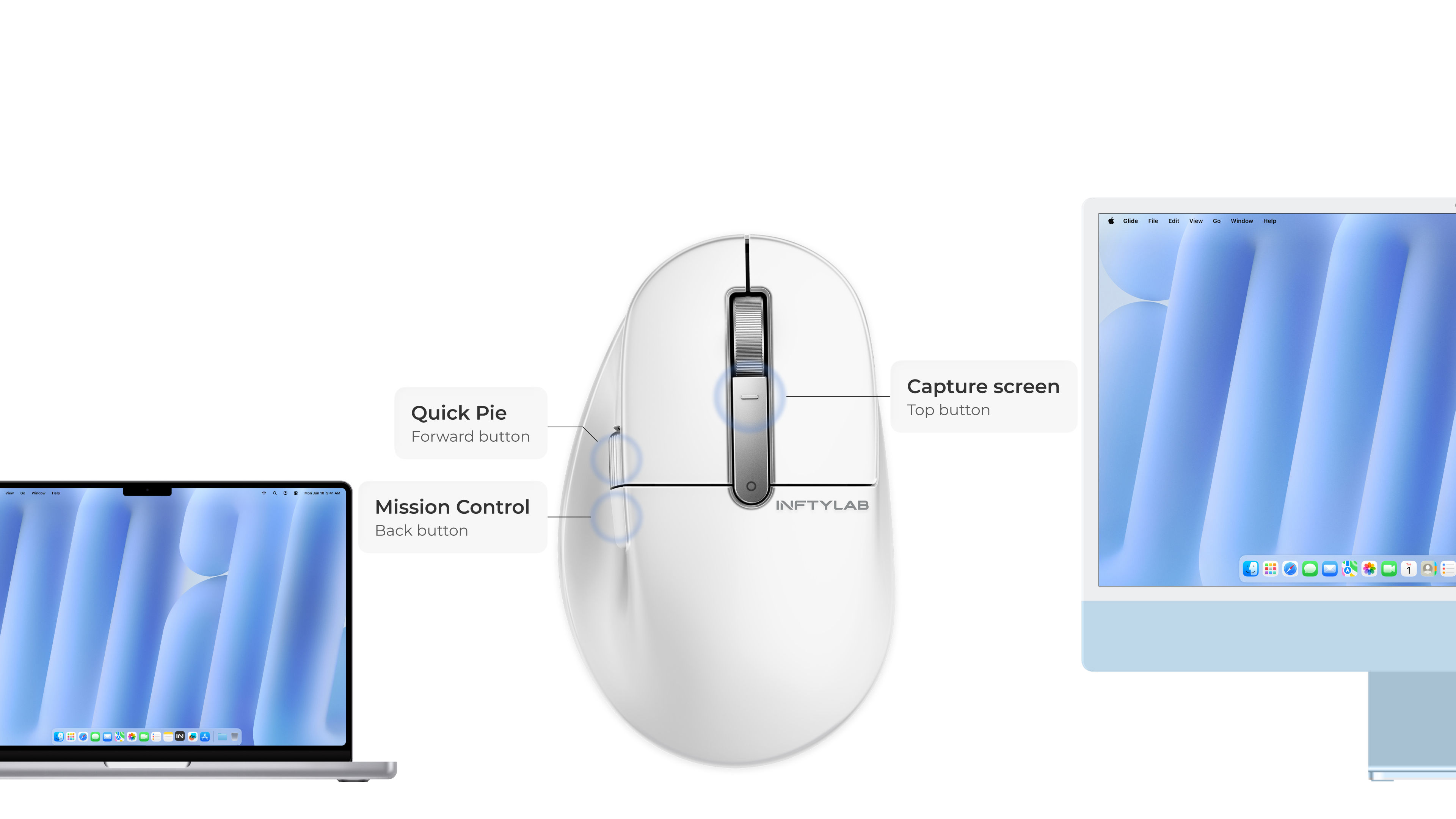 INFTYLAB M Mouse showing shortcut settings stored on the mouse for use across different Mac devices.