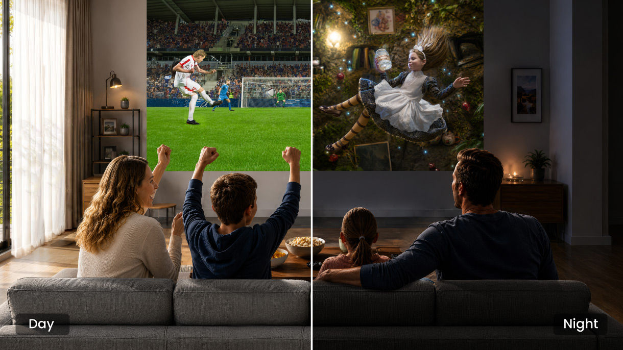 A family watches sports in daylight and a movie at night on a large home projector screen.