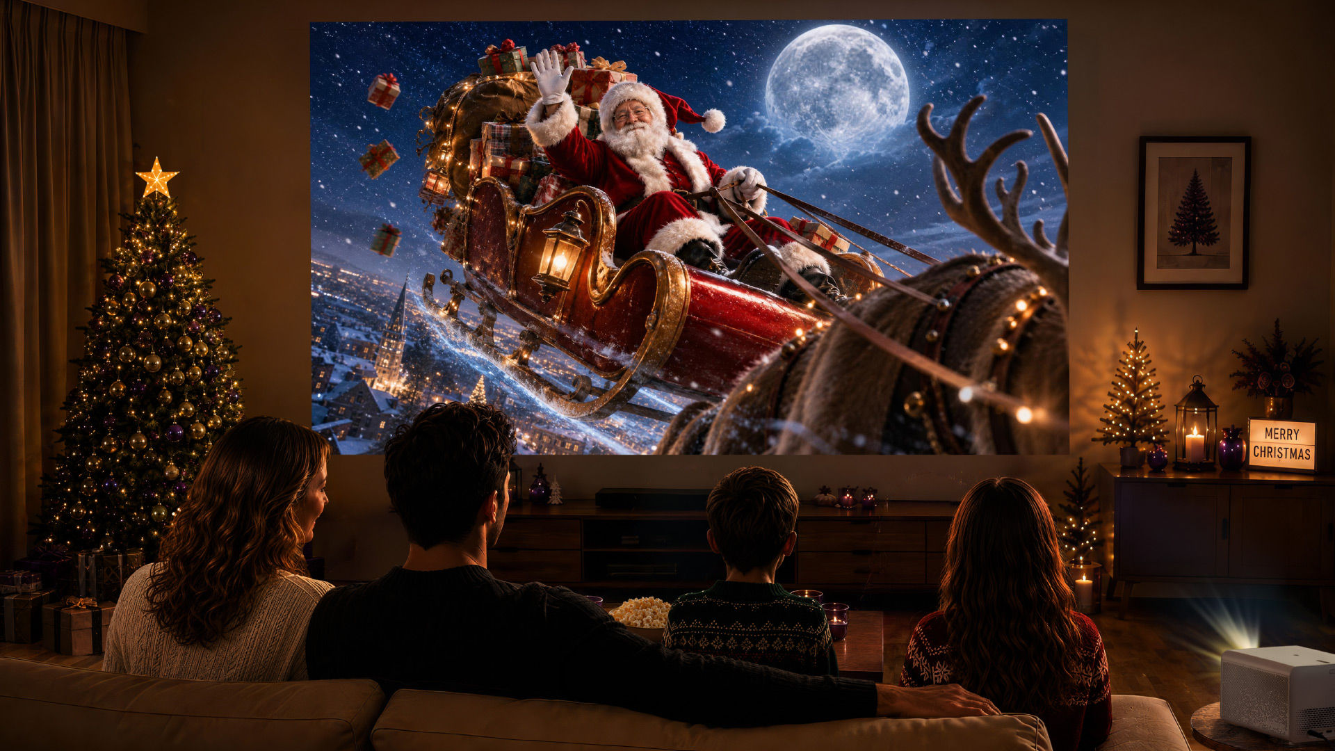 Four people watch a Christmas movie projected onto a large living room wall by a BenQ projector.