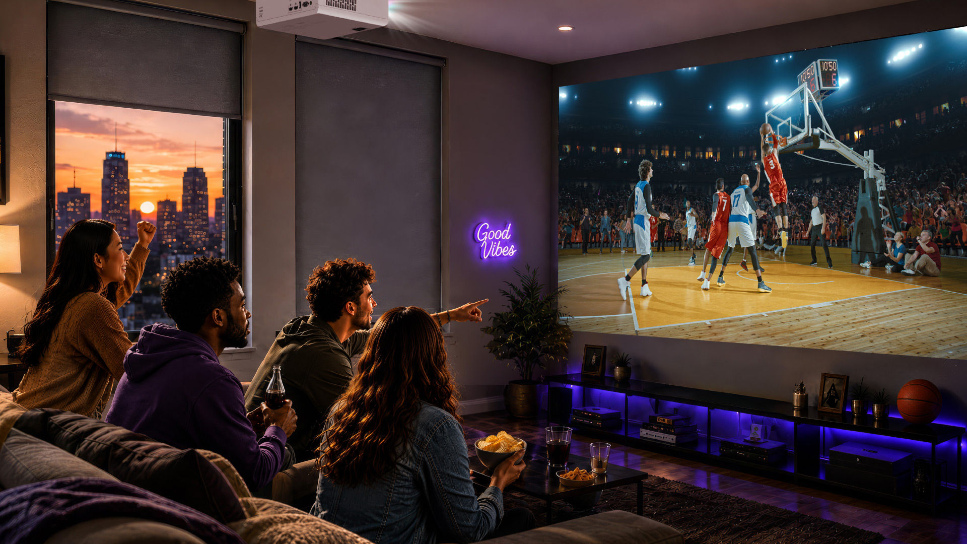 Four friends cheer as they watch a basketball game projected onto a large living room wall.