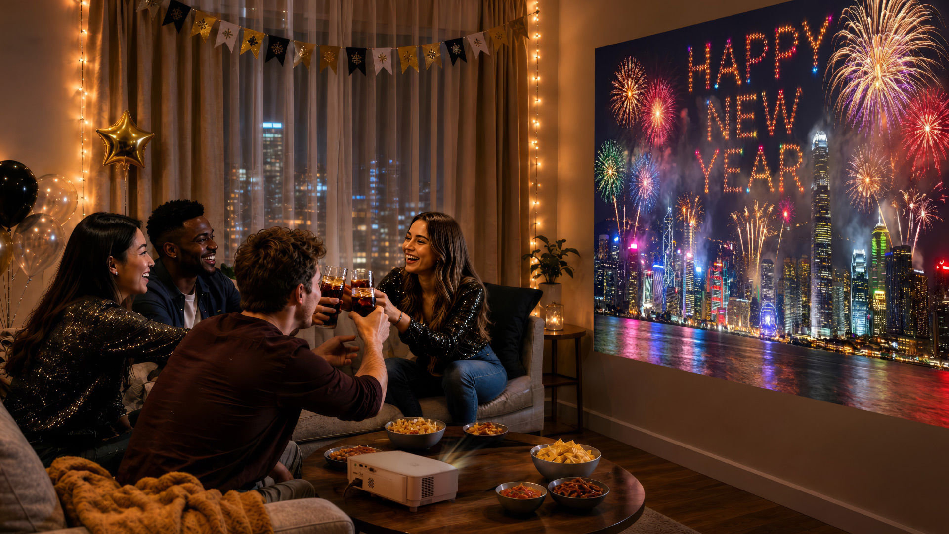 Four friends toast the new year as a BenQ projector displays fireworks on a large living room wall.