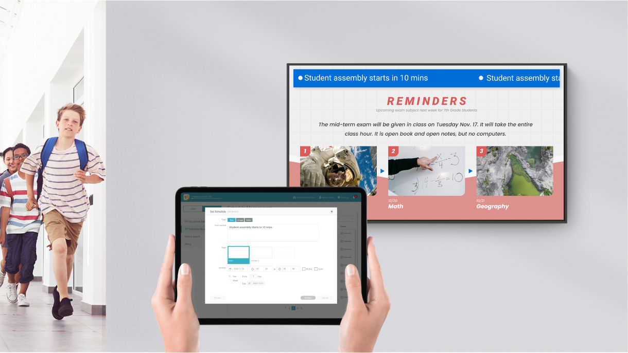 Tablet being used to schedule push content onto a BenQ display remotely in a hallway
