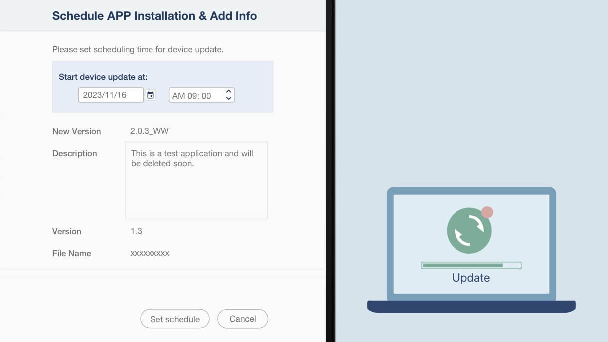 OTA app installation and update interface on laptop