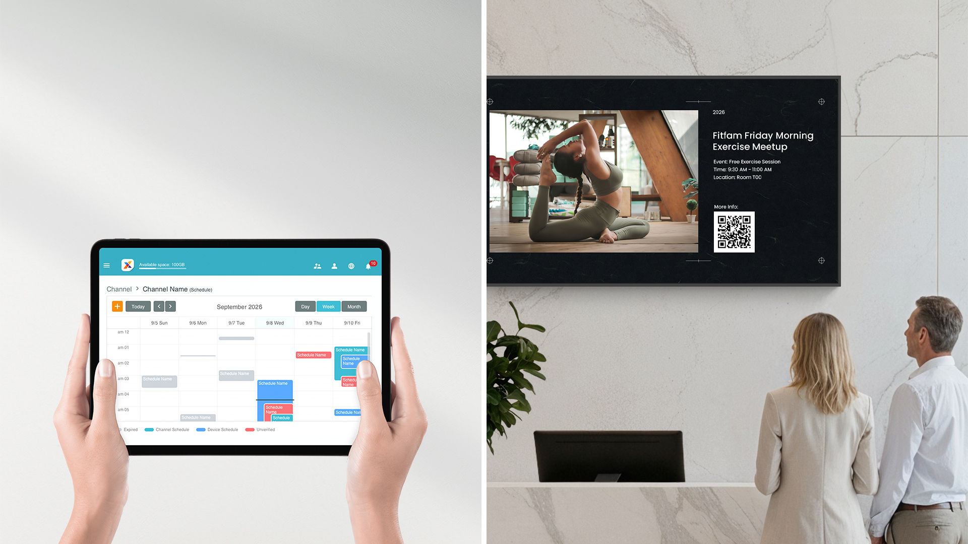 A digital signage display in a corporate lobby showing a workout meetup schedule, managed via X-Sign with remote scheduling from a tablet.