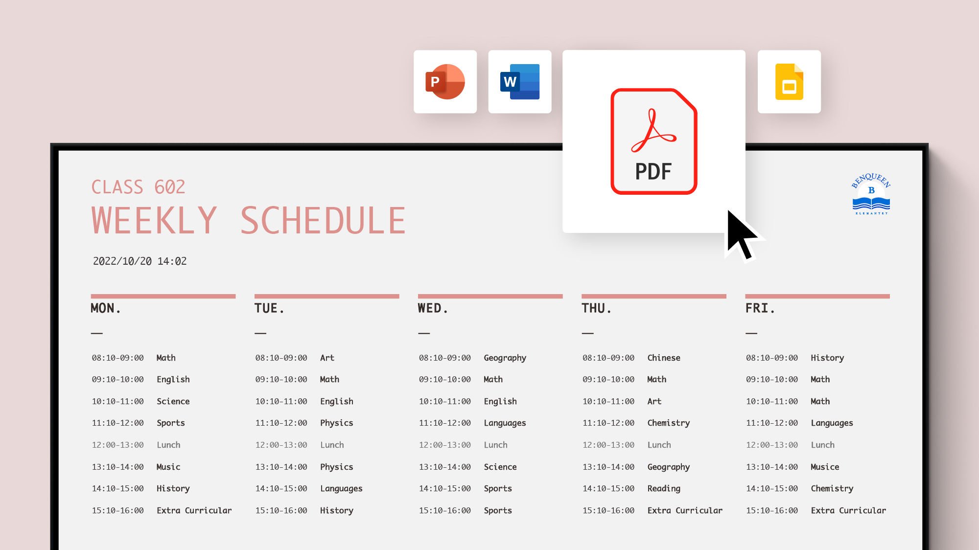Wöchentlicher Zeitplan Microsoft PowerPoint Word Google Slides und PDF auf Digital Signage Display