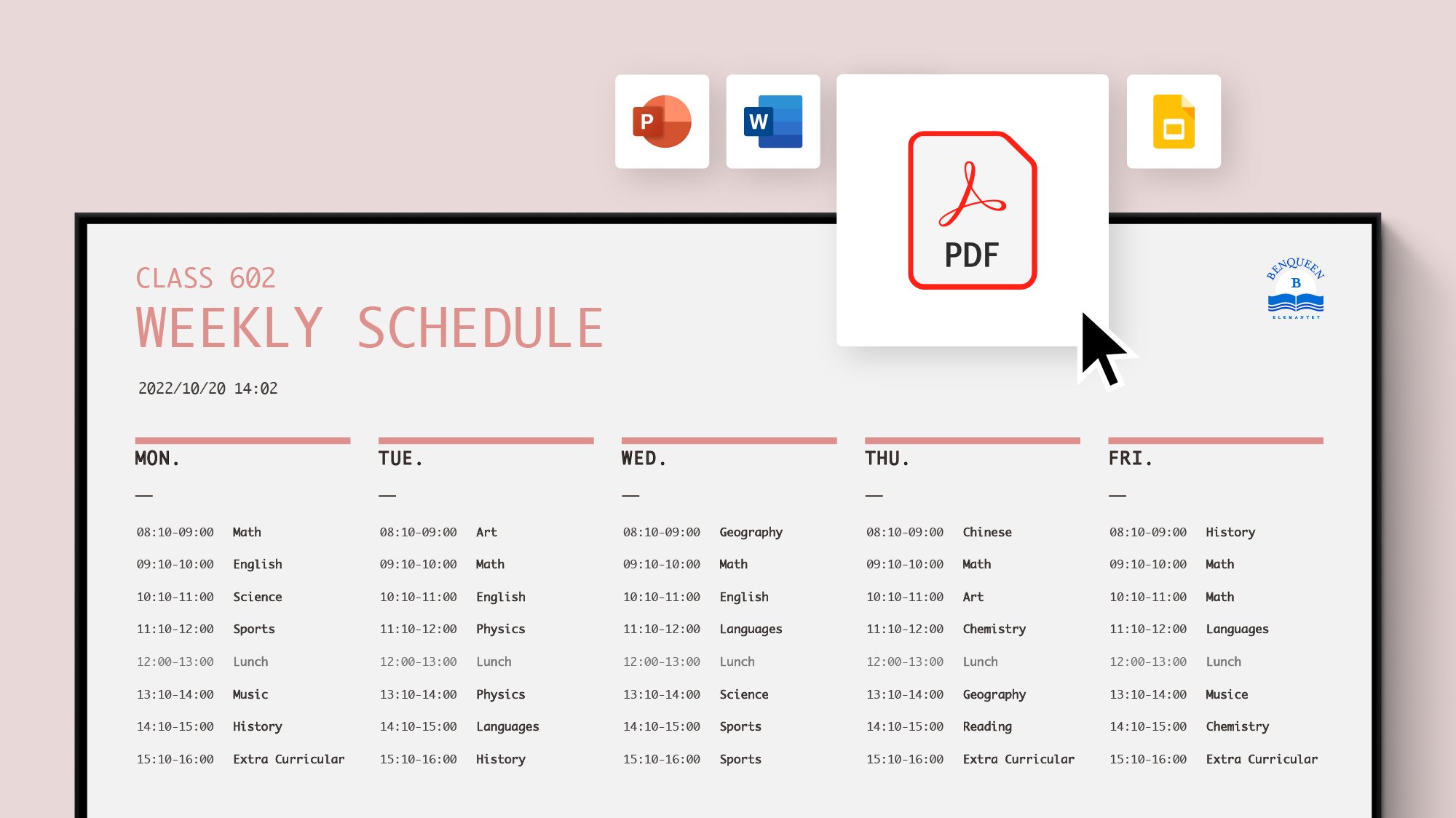 Weekly schedule Microsoft PowerPoint Word Google Slides and PDF on digital signage display