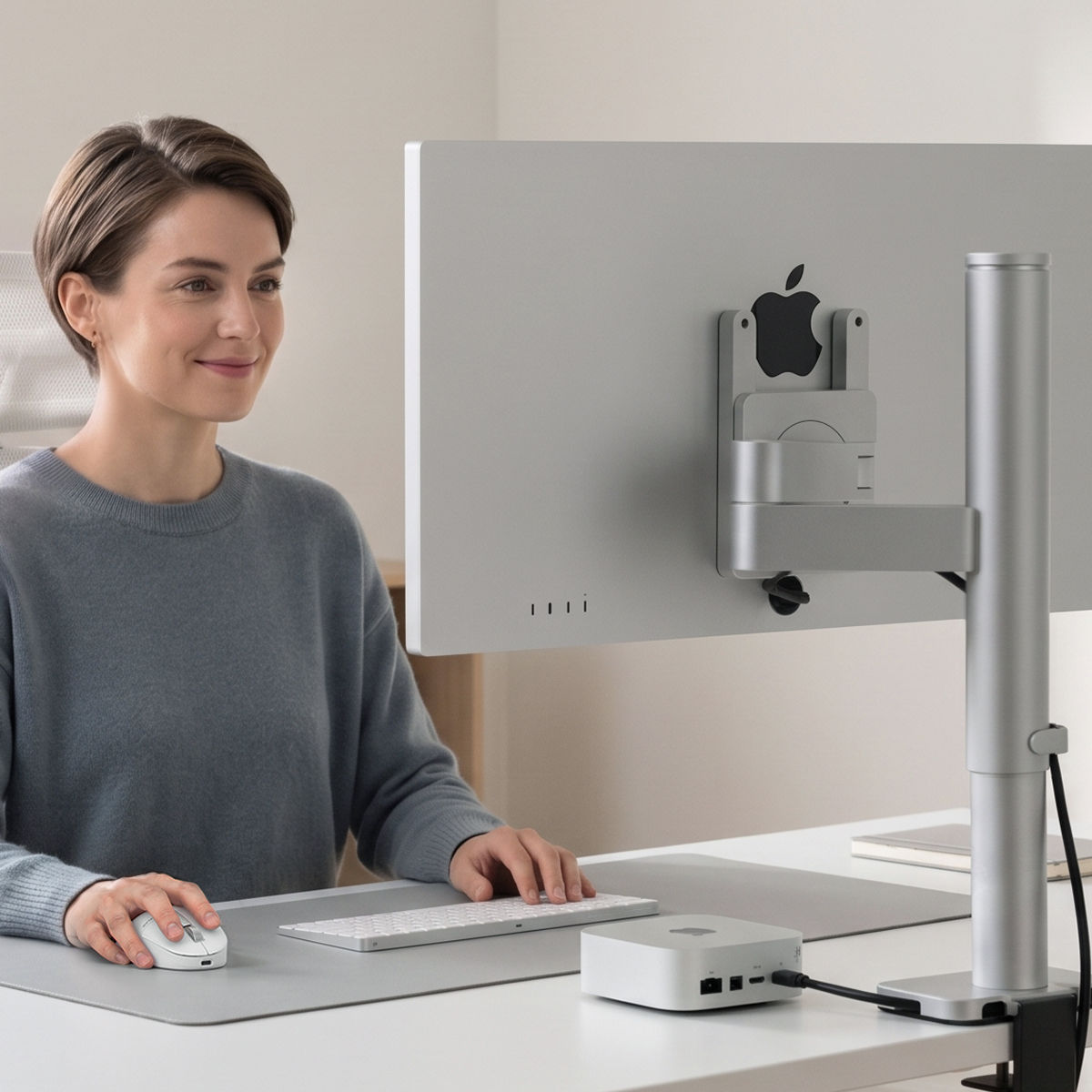 Person using INFTYLAB M Mouse at a Mac desktop setup with Studio Arm for all-day comfort.