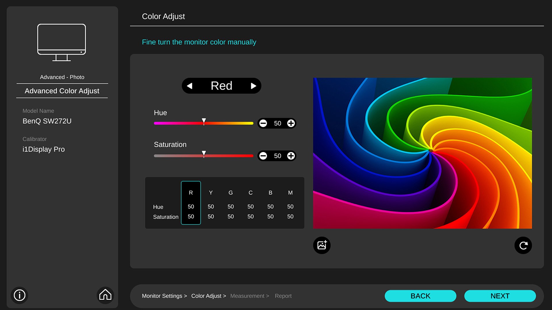 BenQ Palette Master Ultimate supports further fine-tune colour after calibration, users can adjust colour temperature, hue, and saturation in the Colour Adjust section.