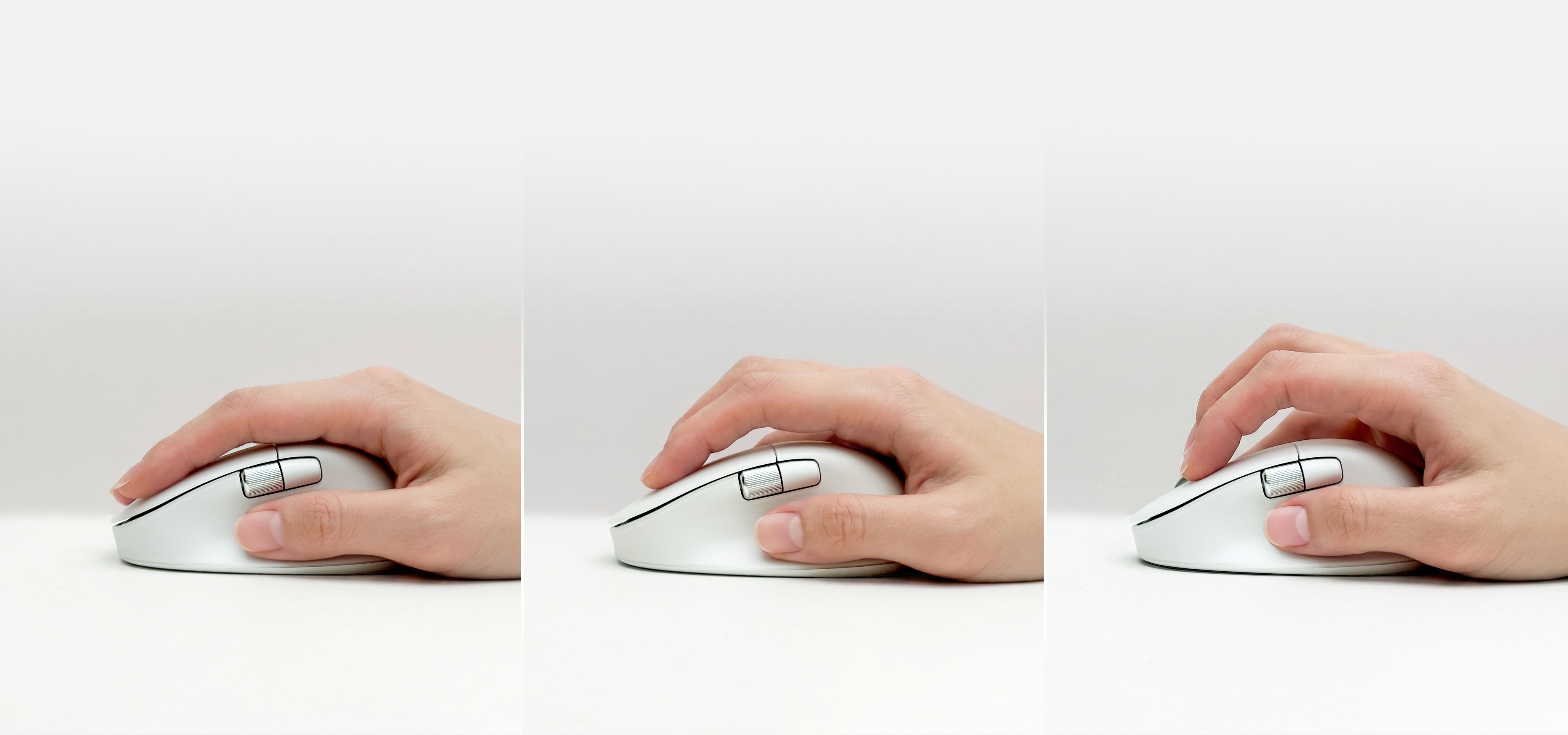 Three hand positions on INFTYLAB M Mouse showing how the mouse supports natural grip changes during long periods of use.