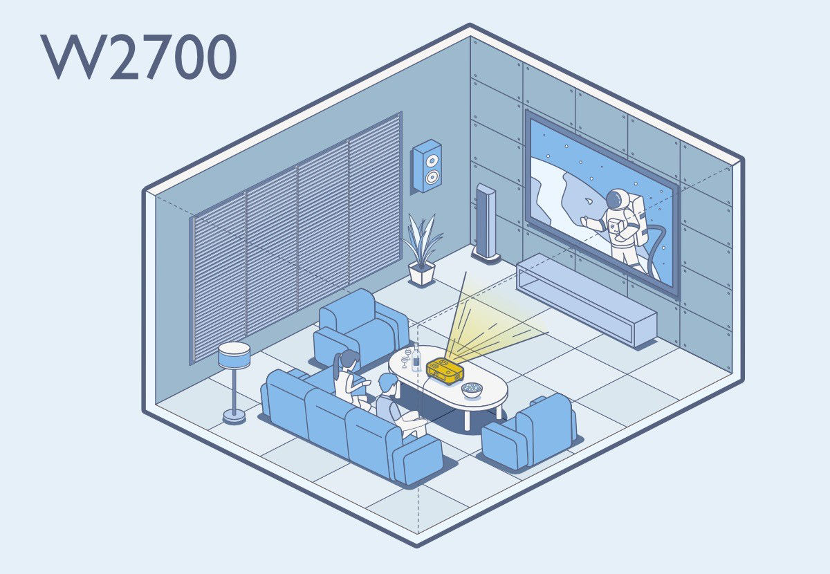 BenQ W2700 4K projector usage scenario in a dark room watching movies with dark scenes.