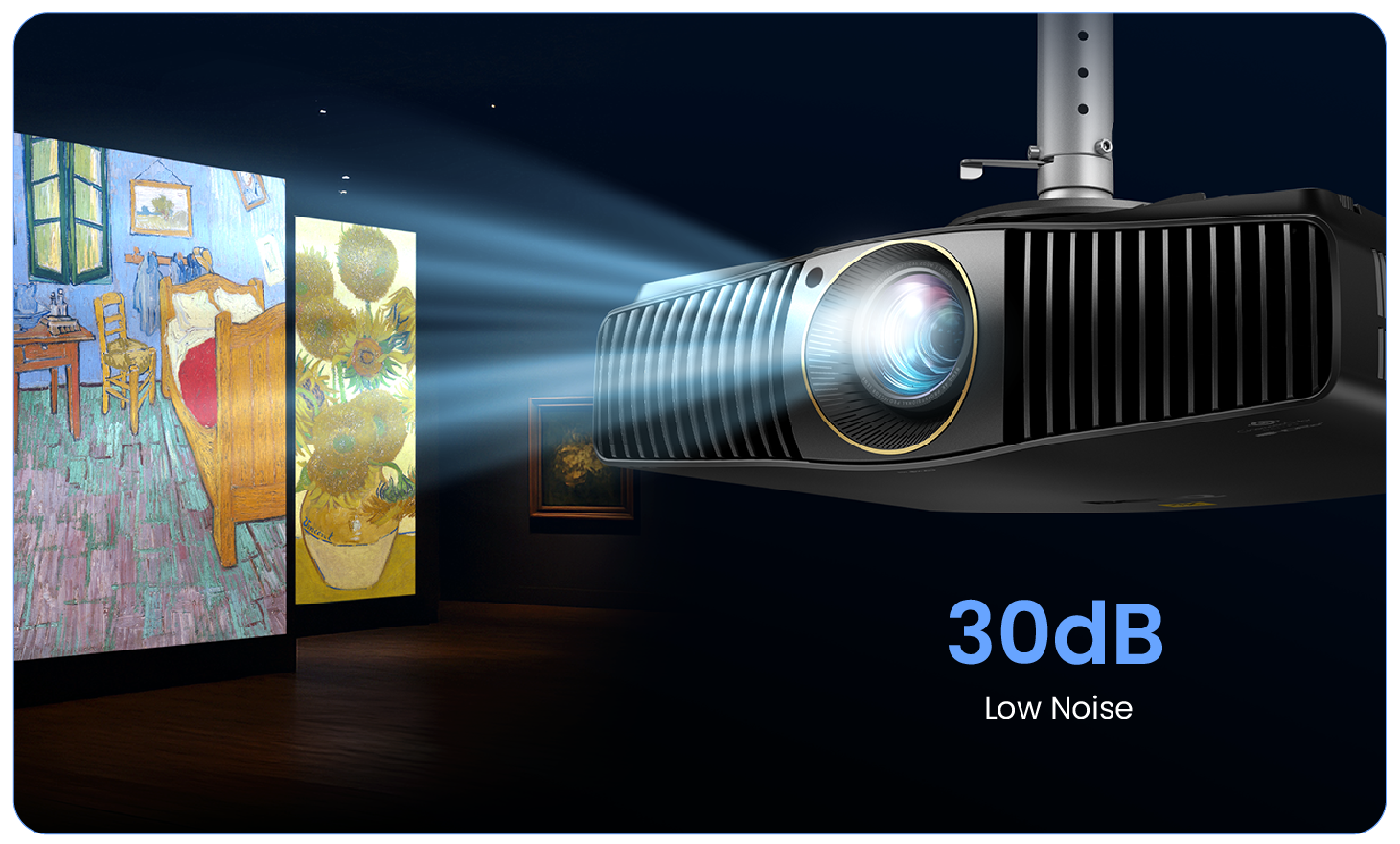 Discreetly ceiling-mounted projector projecting digitally rendered Van Gogh masterpieces onto a museum wall, with an on-image '30dB' callout, highlighting its ultra-low operational sound pressure level (SPL) crucial for immersive artistic installations.