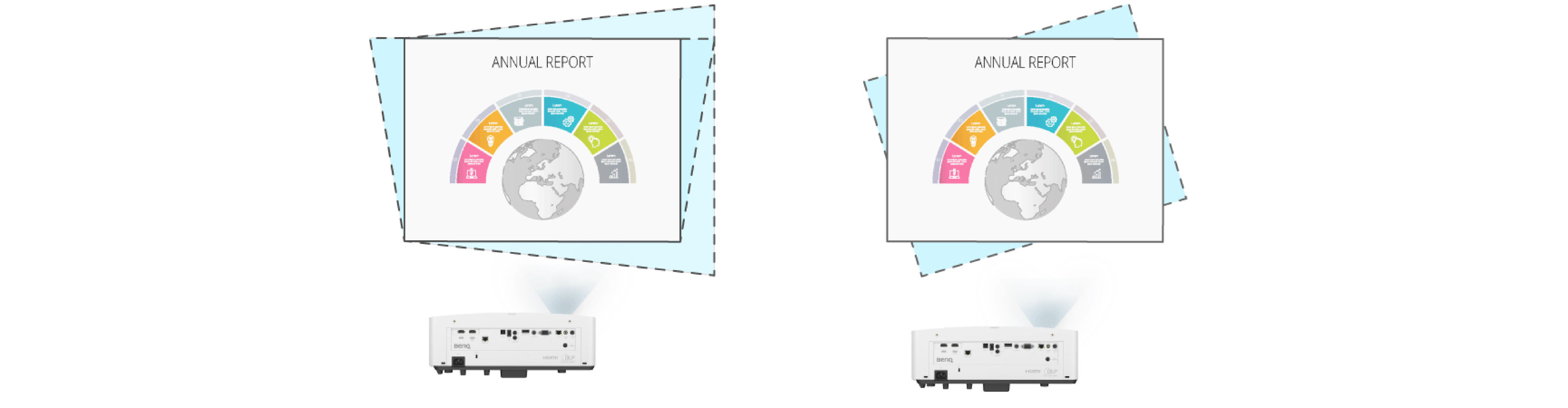 LK935 offers a 3D keystone correction to correct image distortions out of off-center projection along all three axes. LK935 offers a 3D keystone correction to correct image distortions out of off-center projection along all three axes. 