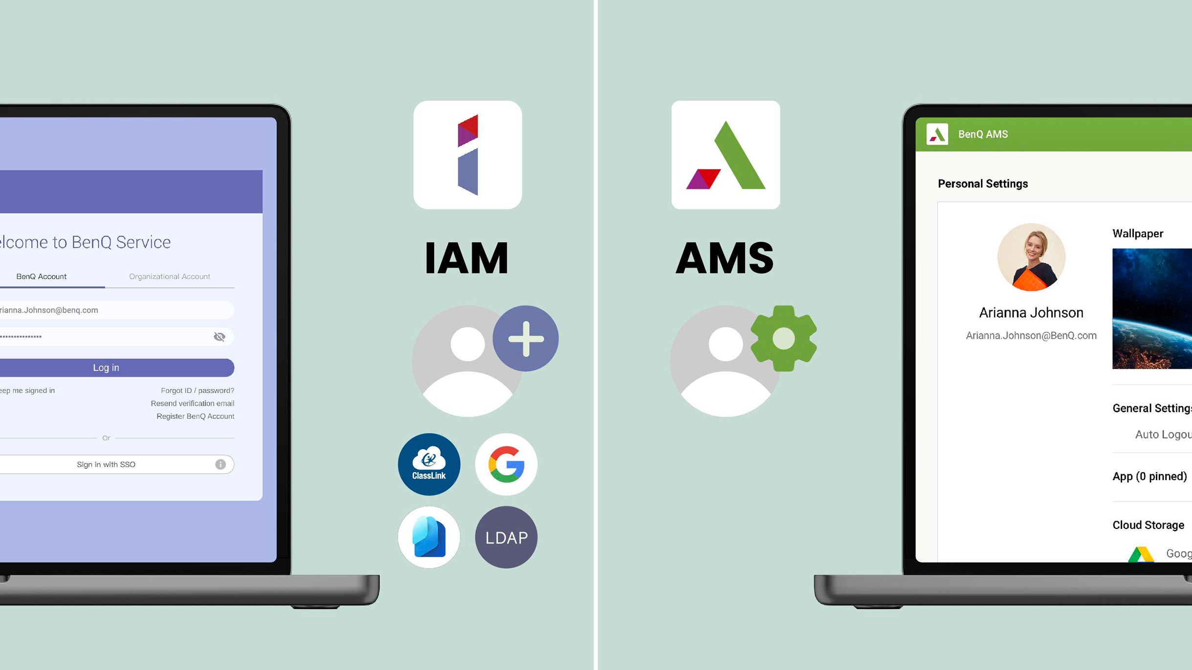 IAM and AMS icons and interfaces on two different laptops