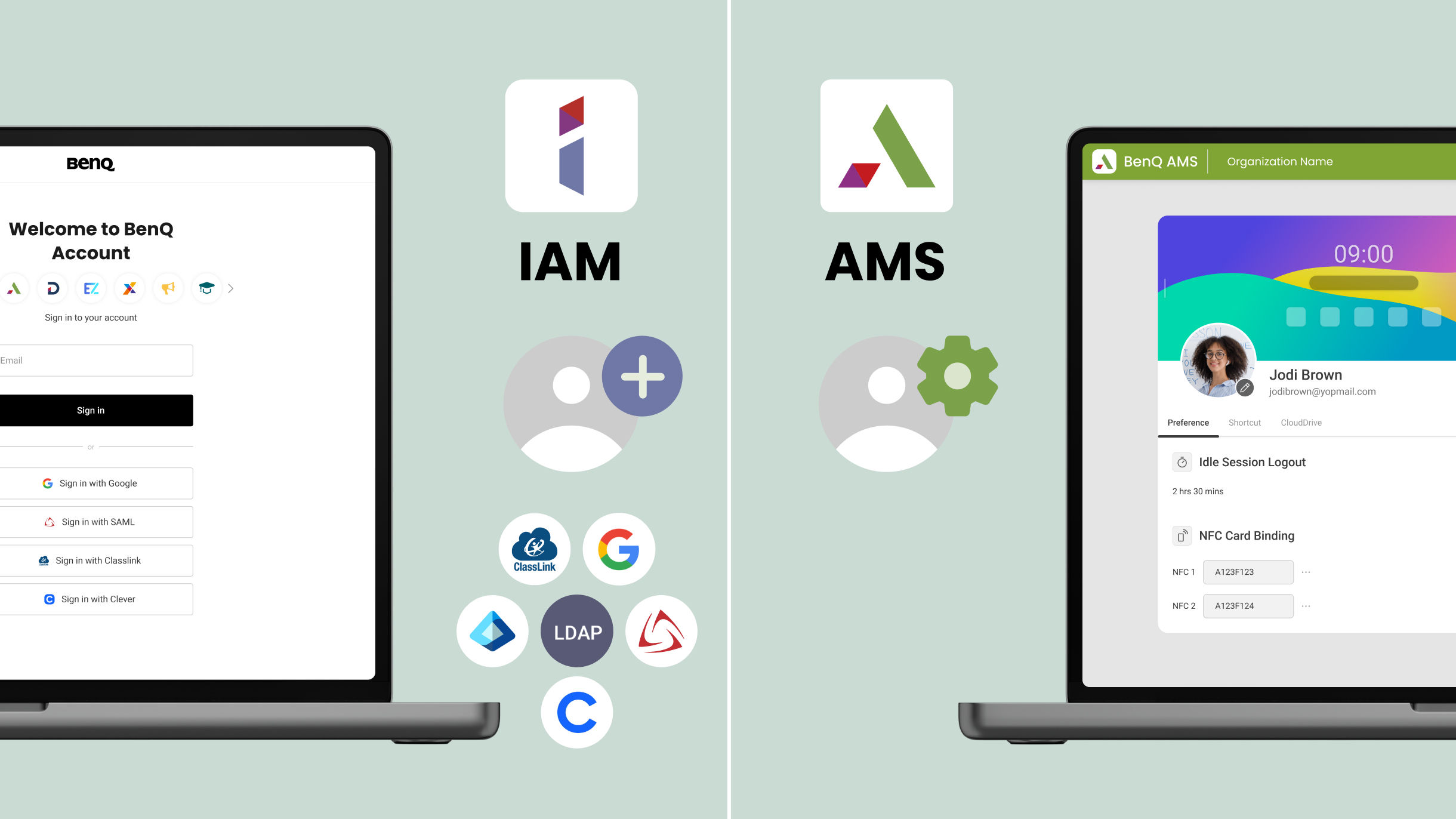 IAM and AMS icons and interfaces on two different laptops