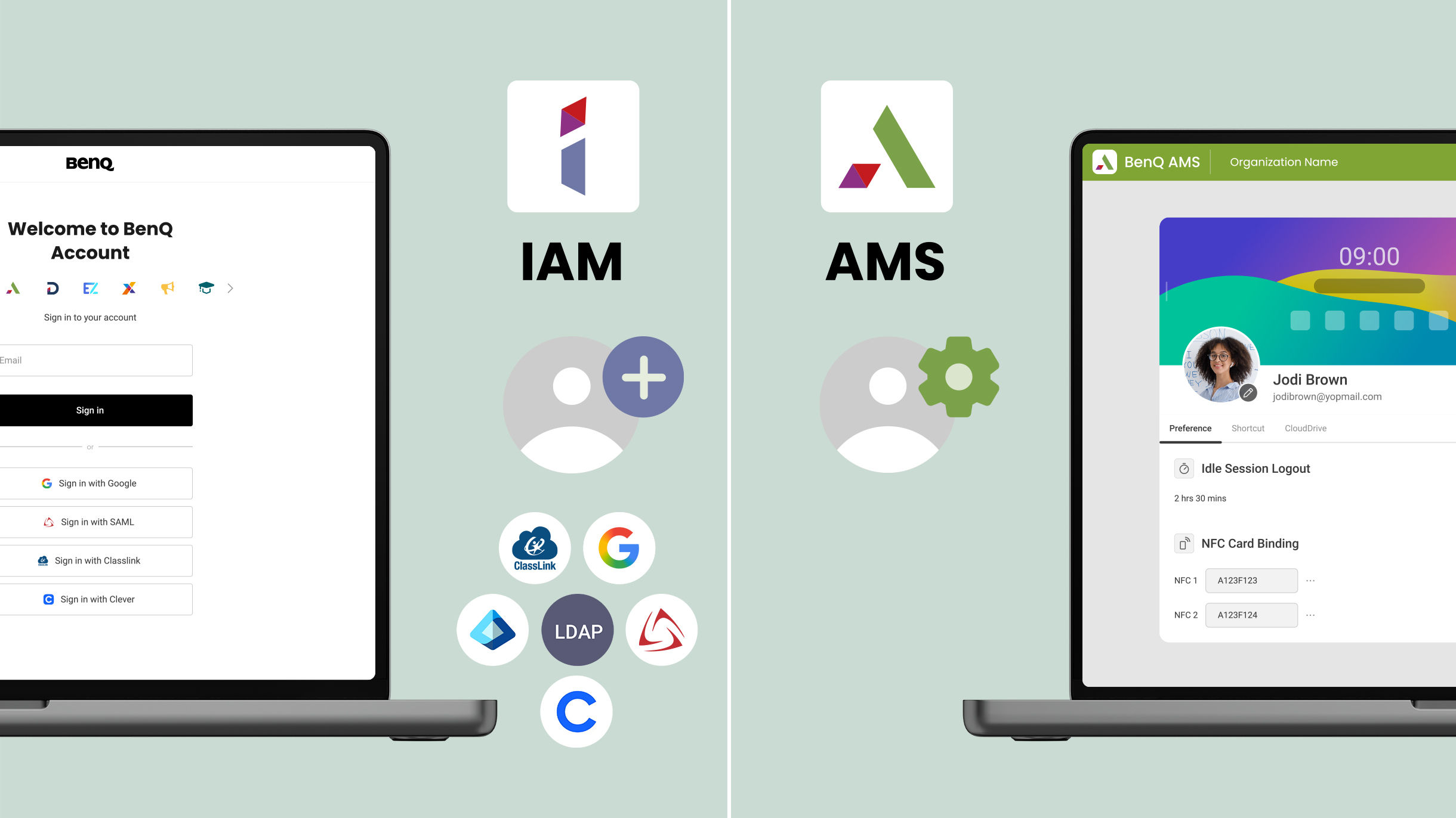 IAM and AMS icons and interfaces on two different laptops
