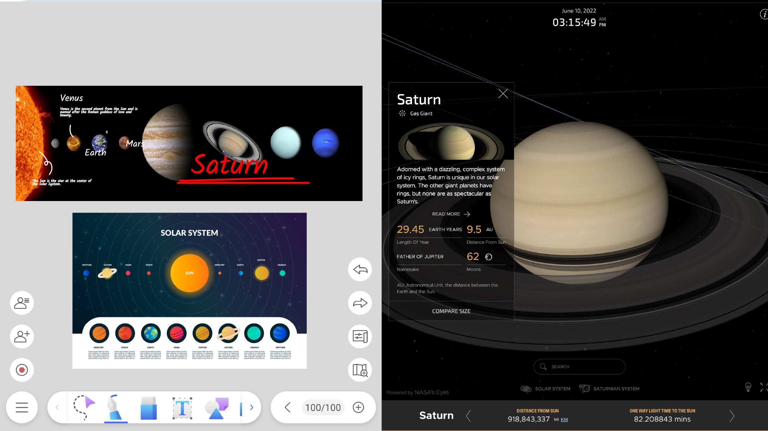 Side by side whiteboard and browser with split screen mode on interactive display