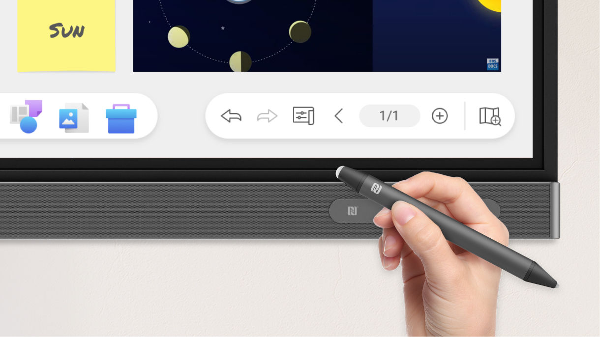 Scanning NFC pen on BenQ Board interactive display NFC sensor to start whiteboard session