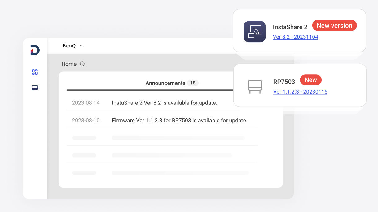 El DMS de BenQ mantiene sus pizarras inteligentes funcionando sin problemas al notificarle sobre las actualizaciones de firmware disponibles.