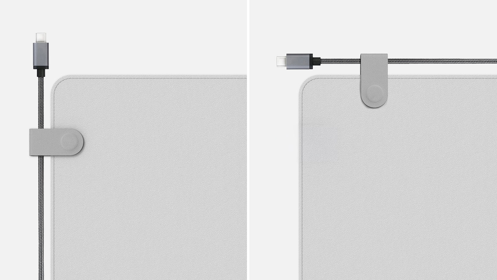 Two example placements of the FLOW Desk Mat cable clip — one on the side edge, one on the top edge — showing flexible routing options