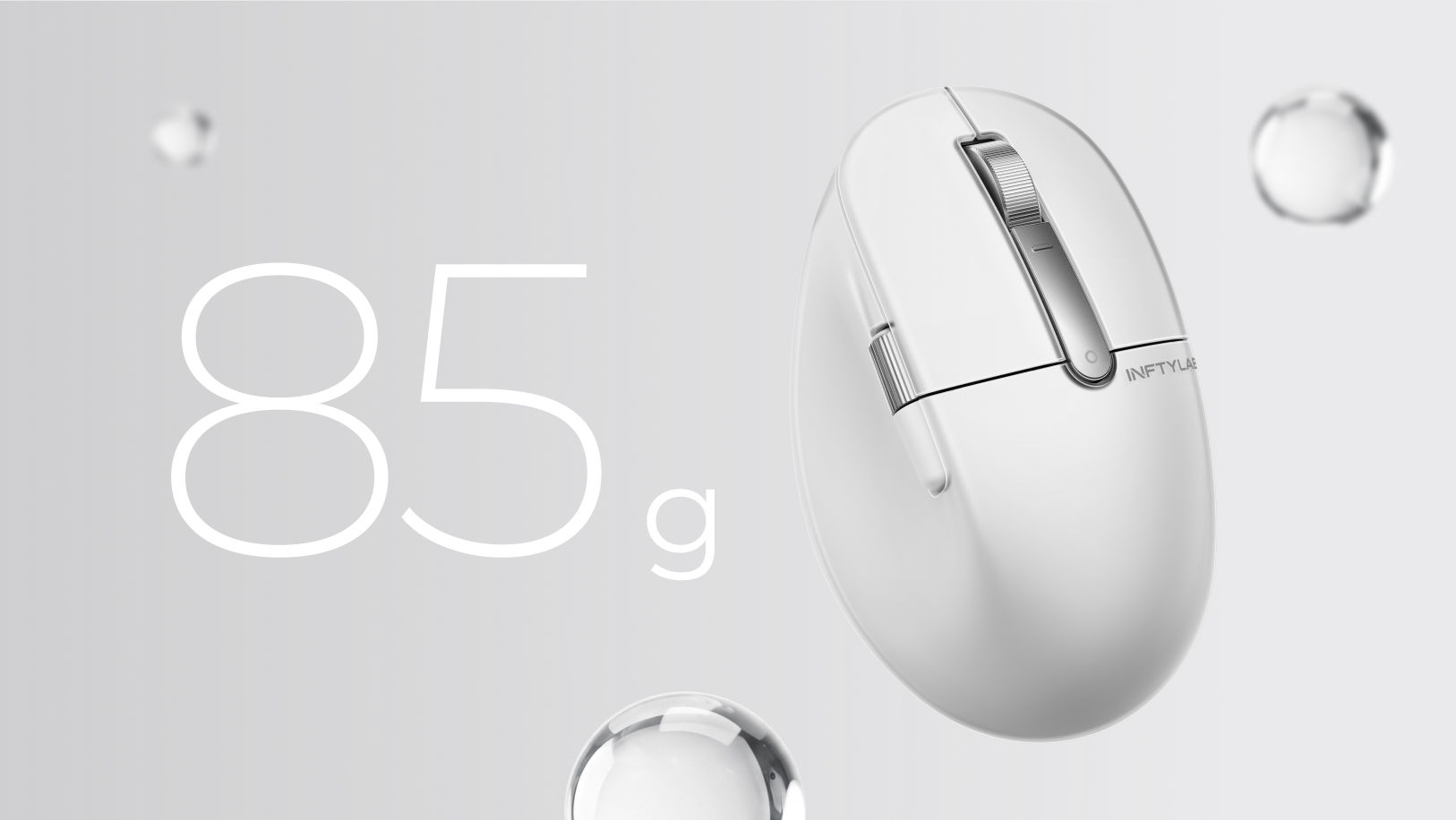 INFTYLAB M Mouse highlighting its 85 g weight to support effortless movement and reduce hand strain.
