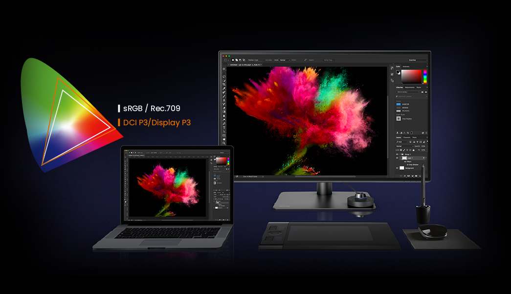 A BenQ Mac-monitorok Mac-hez alkalmazott P3 színskálával kompatibilisek, amellyel garantálják az egységes színmegjelenítést webhelyeken, nyomatókon és videókon a tervezők számára. A BenQ PD-20 sorozat legalább 95%-ban lefedi a P3 színteret.