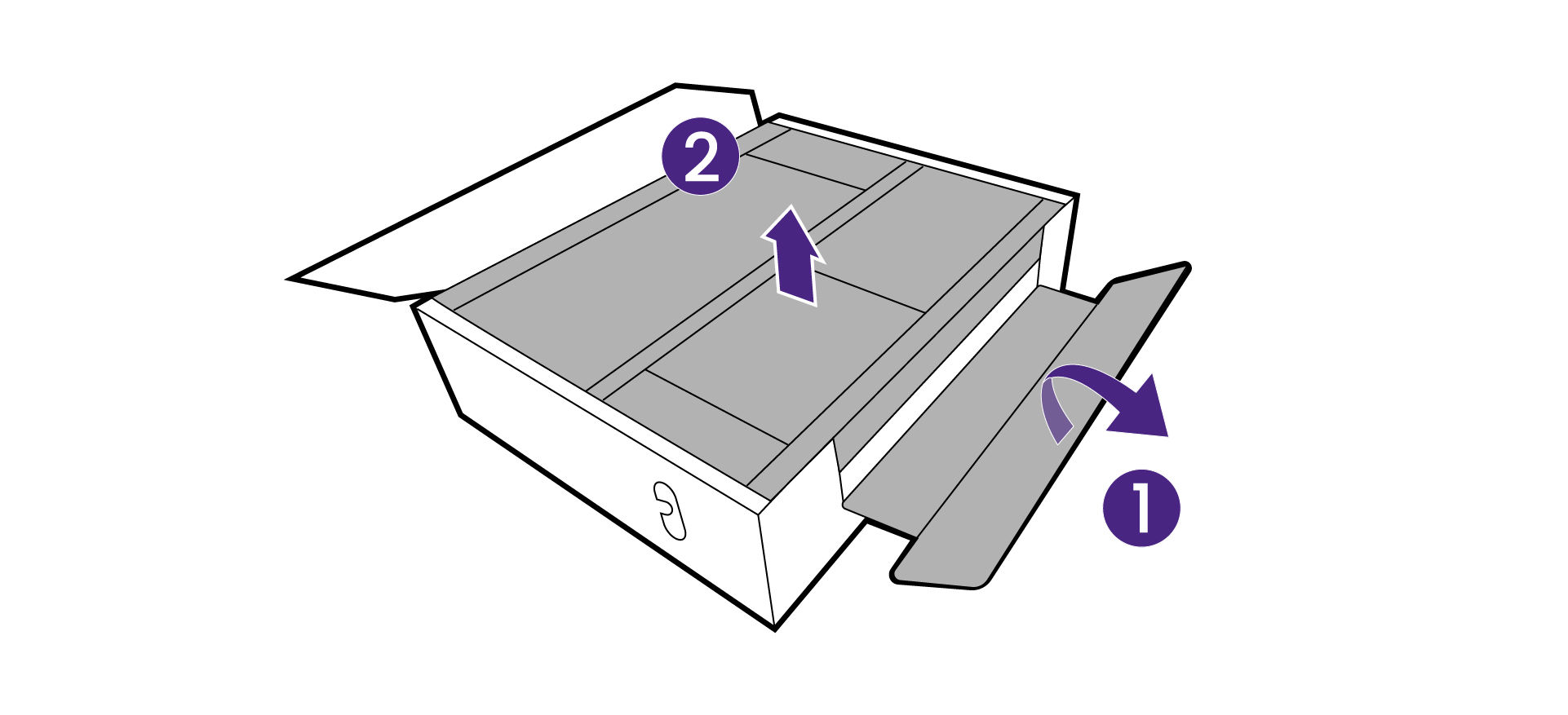 Open the box, unfold the front side of the box as illustrated to leave some room for stand and base attachment.