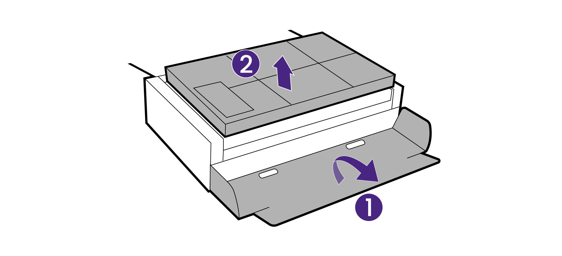 Open the box, unfold the front side of the box as illustrated to leave some room for stand and base attachment.