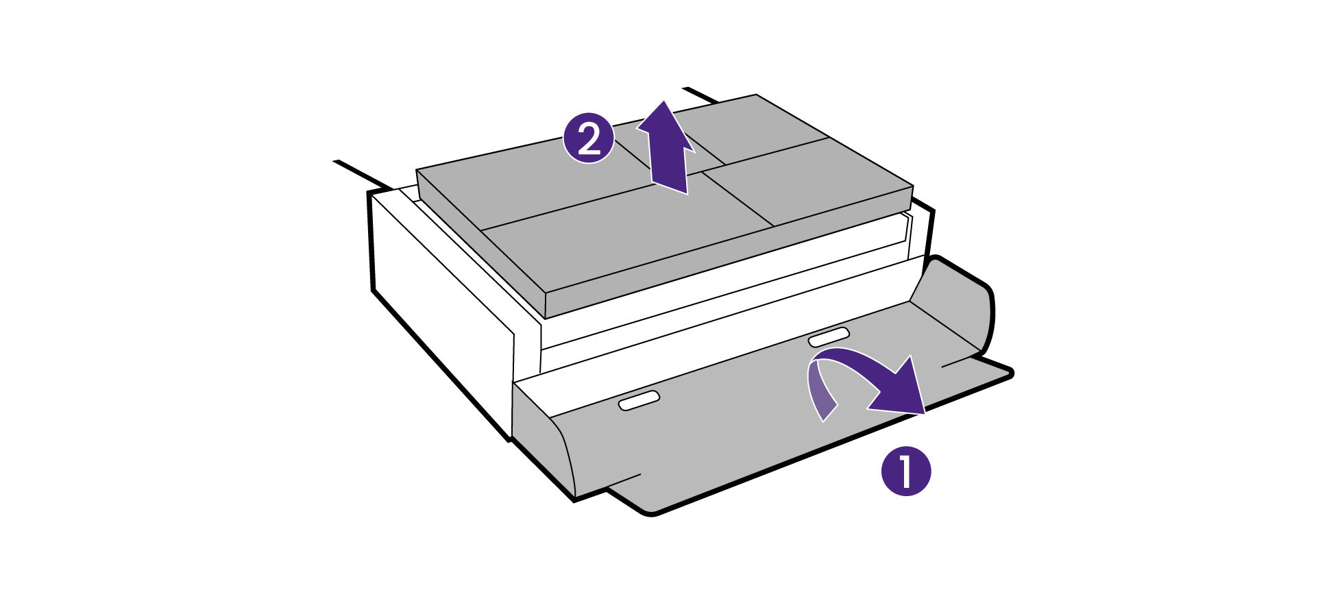 Open the box, unfold the front side of the box as illustrated to leave some room for stand and base attachment.