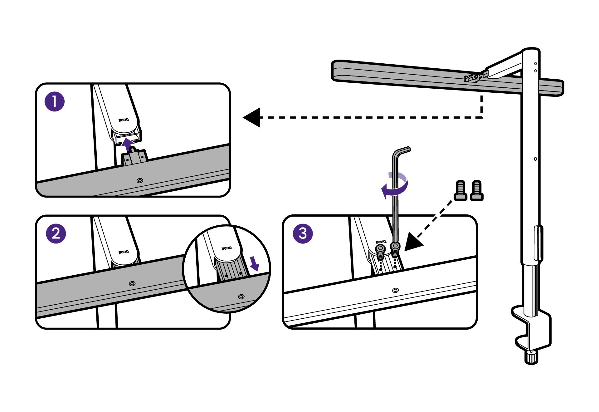Insert the lamp head into the adjustment arm, pull out the arm, and secure the lamp head using the included hex key and two mounting screws.