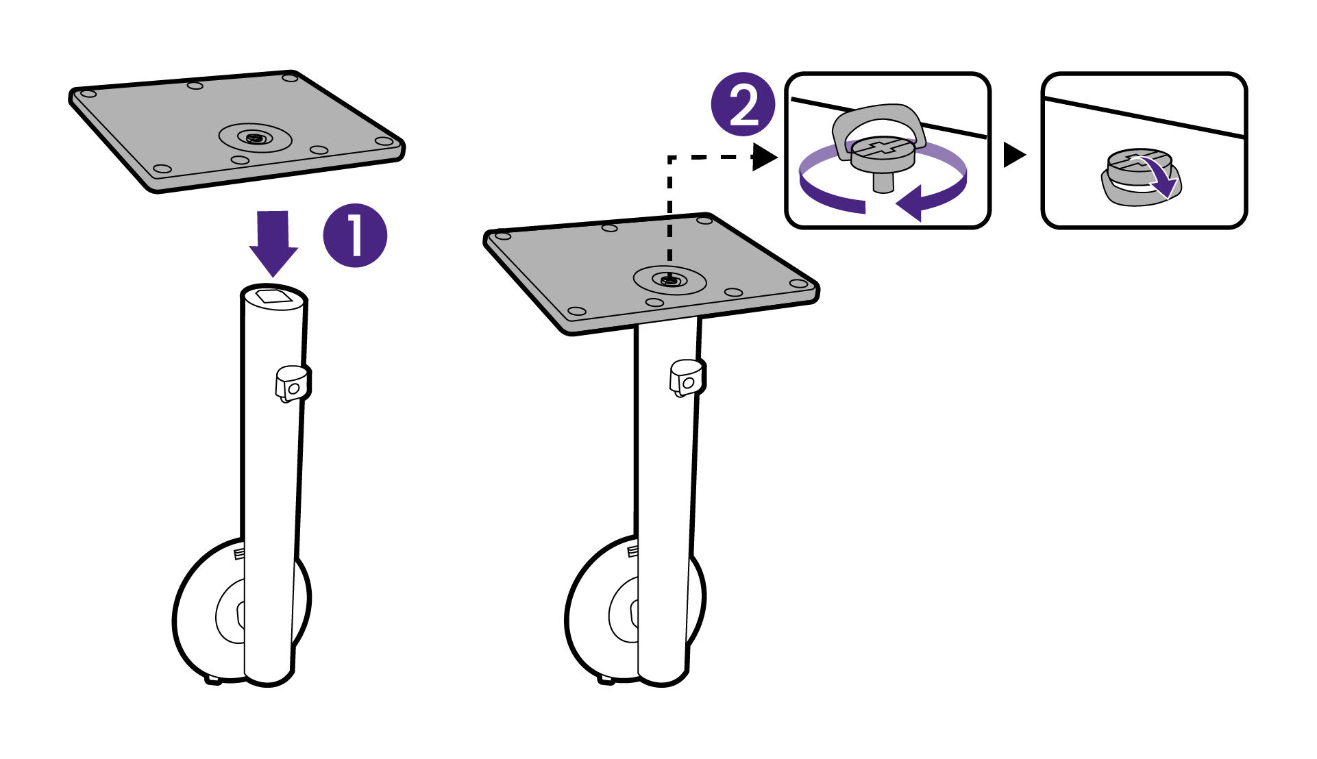Attach the monitor stand to the monitor base as illustrated. Raise the thumbscrew lid and tighten the thumbscrew as illustrated. Then push the lid back.