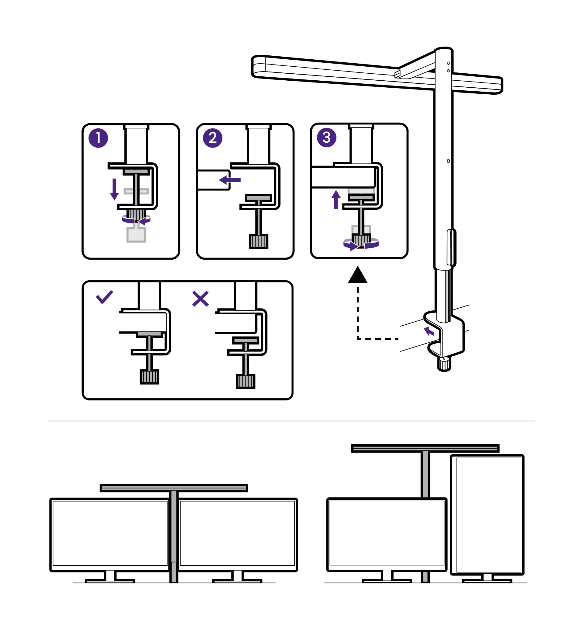 Loosen the clamp screw, position the clamp at the desk edge, then tighten the screw to secure the lamp arm.